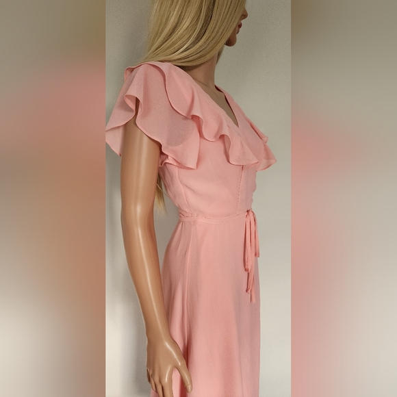 NEW LOOK SOFT PINK RUFFLES CRISS CROSS OPEN BACK WRAP STYLE MIDI DRESS US.6 NWOT - Picture 7 of 13